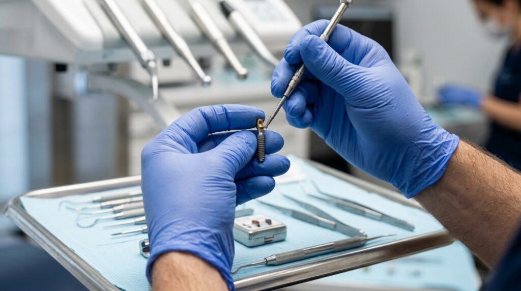 Realistic closeup of a dentists gloved hands holdi ae27d68fca