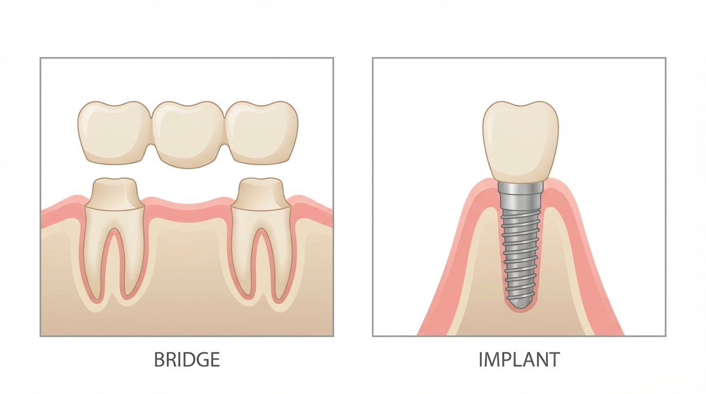 Dental bridge vs implant comparison - side by side clinical view